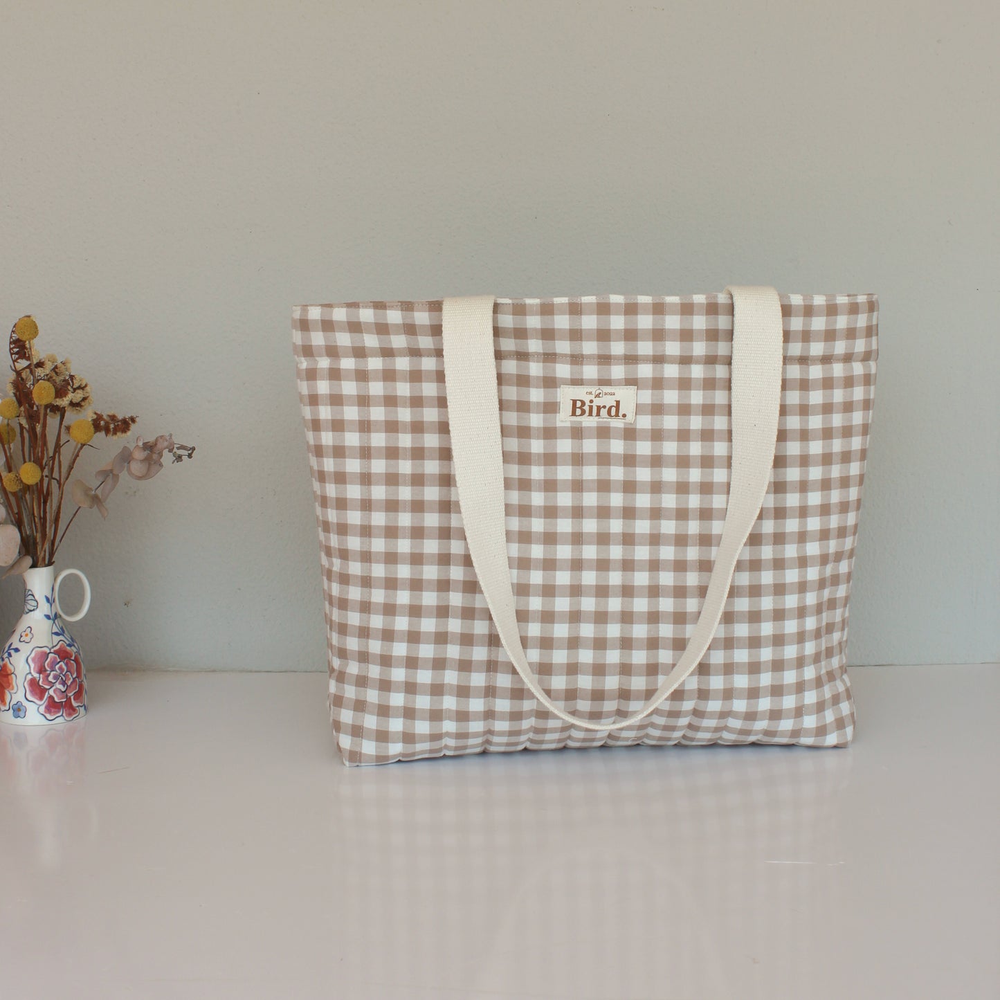 Beige medium gingham tote